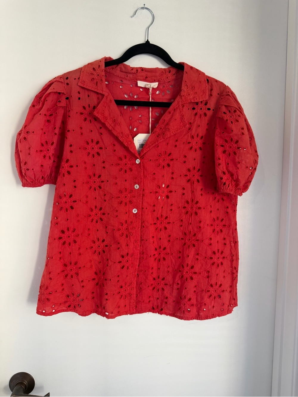 easel Red Eyelet Button-Up Blouse with Puff Sleeves